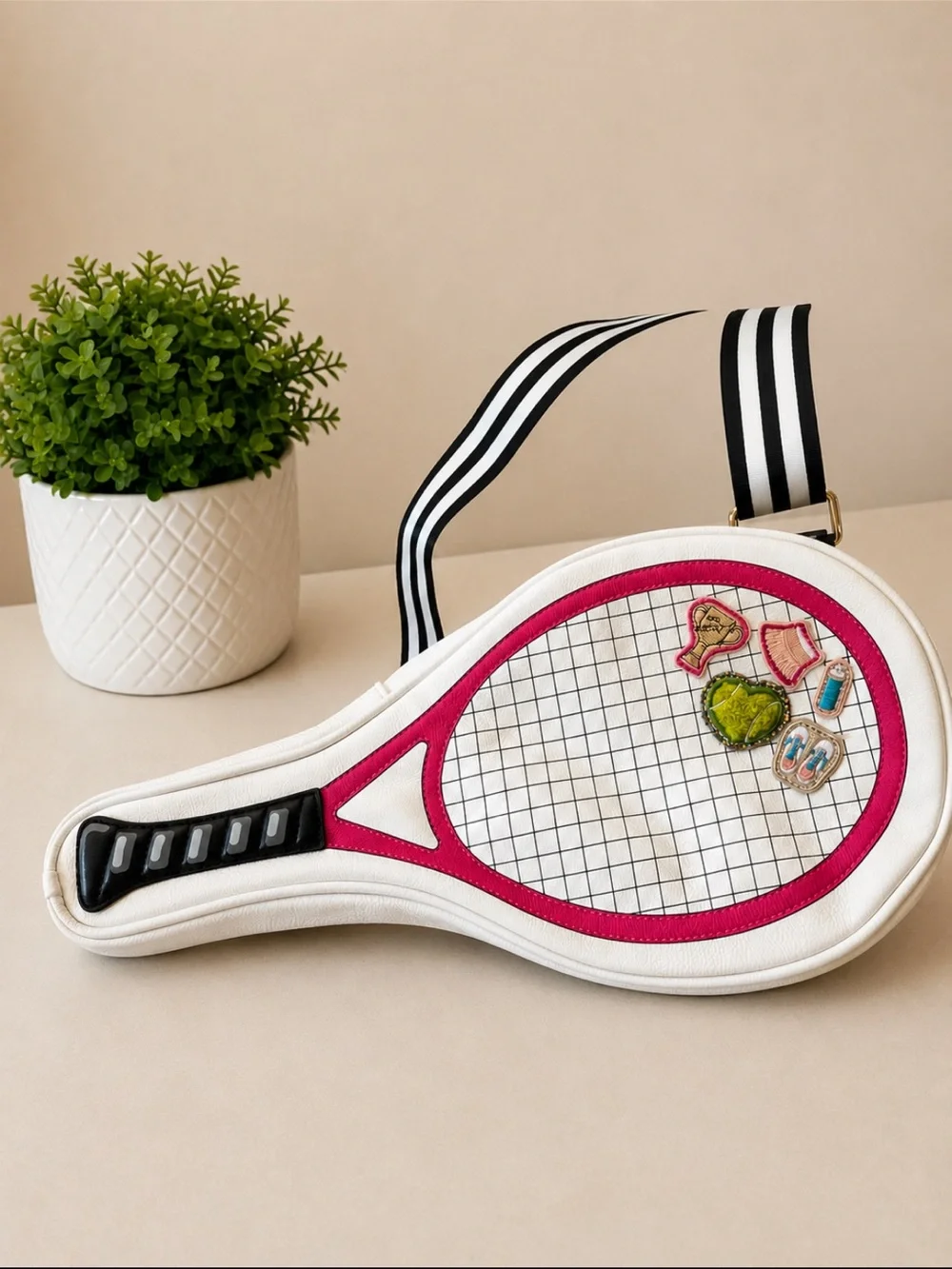 Betsey Johnson Tennis Racket Crossbody Bag White Pink Novelty Purse Sporty Chic - Picture 2 of 7